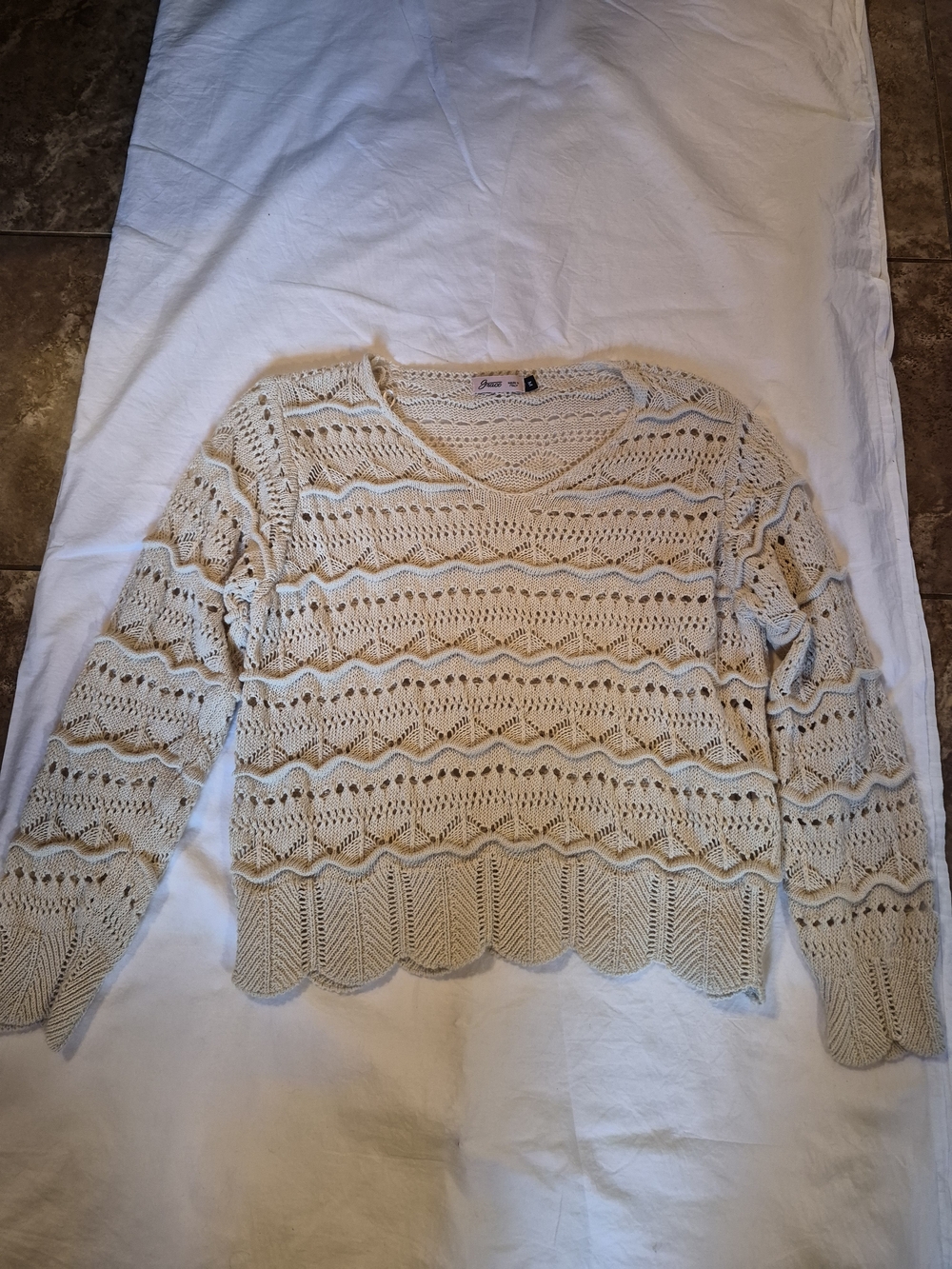 Grace Beige Open-Knit V-Neck Sweater